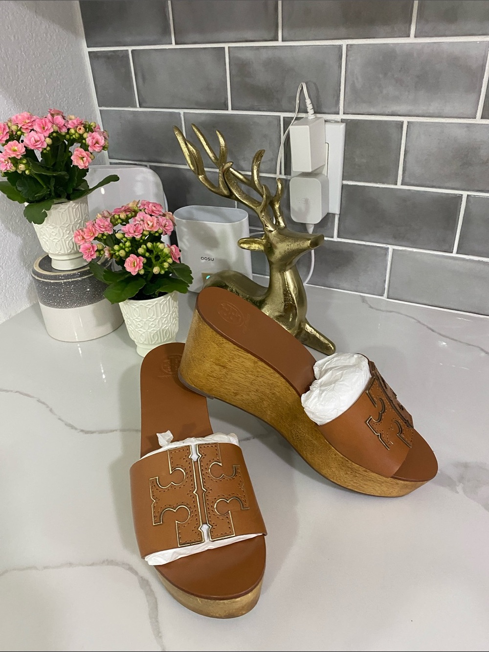 Tory Burch Tan Leather Logo Slide Mules - Picture 2 of 5